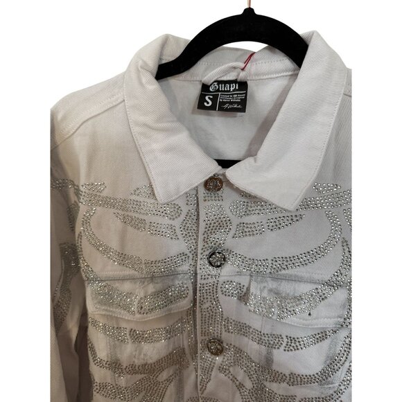 Guapi White Crystal Skeleton Jean Jacket with Silver Detailing Ltd Ed Mens Sz. M - Picture 7 of 14
